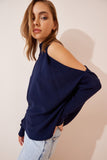 Lacivert Cut Out Detaylı Oversize Triko Kazak AS00015