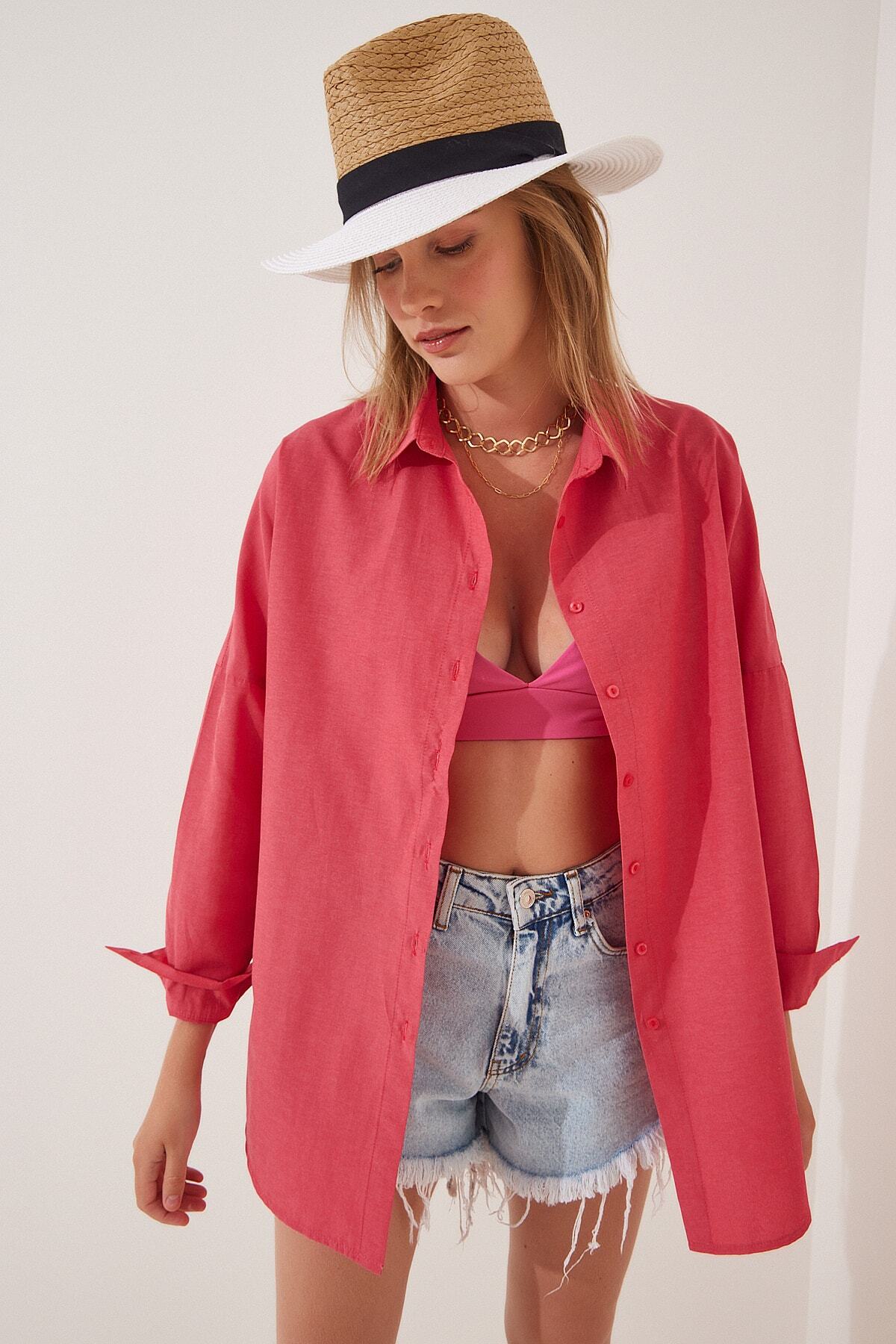 Nar Çiçeği Oversize Uzun Basic Gömlek DD00842