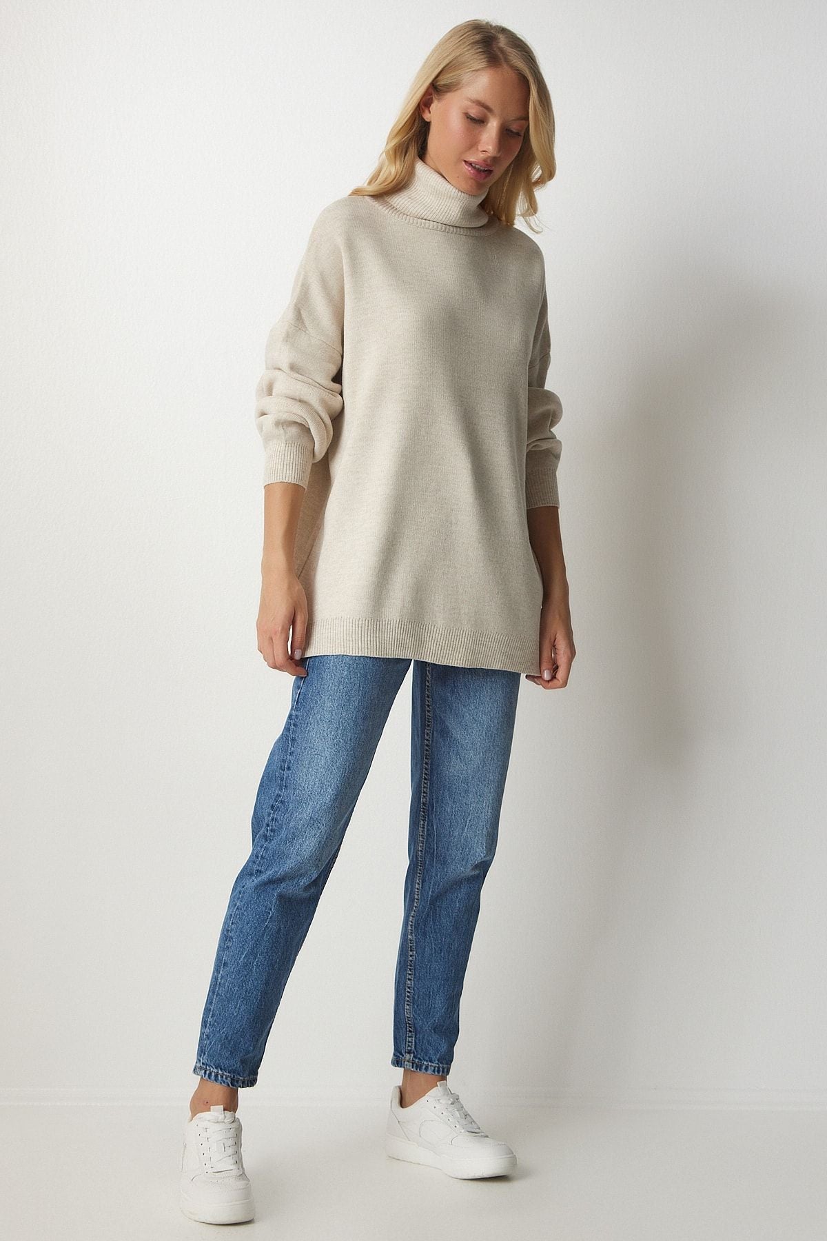 Bej Balıkçı Yaka Oversize Triko Kazak BV00084