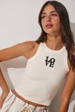 Krem Halter Yaka Nakışlı Fitilli Crop Örme Bluz US00904