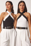 Siyah Beyaz Halter Yaka 2'Li Paket Crop Triko Bluz US00915