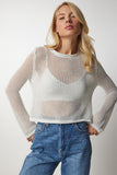 Krem Simli Ajurlu Transparan Triko Bluz BV00091