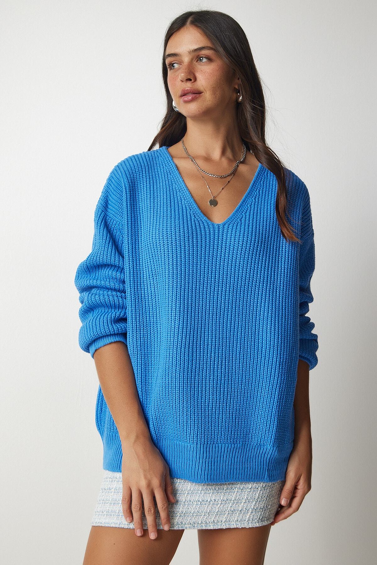 Açık Mavi V Yaka Oversize Basic Triko Kazak MX00130