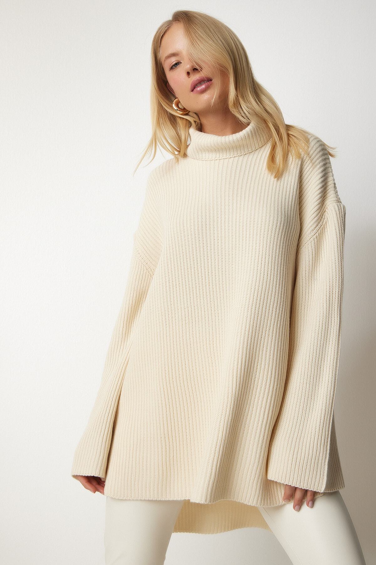 Krem Balıkçı Yaka Oversize Triko Kazak YY00164