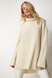 Krem Balıkçı Yaka Oversize Triko Kazak YY00164