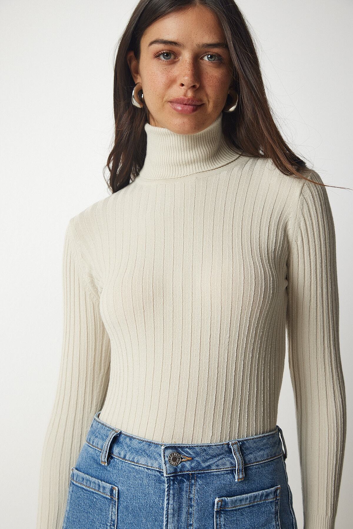 Bej Balıkçı Yaka Fitilli Basic Kazak bv00095