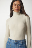 Bej Balıkçı Yaka Fitilli Basic Kazak bv00095