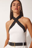 Beyaz Halter Yaka Crop Triko Bluz US00900