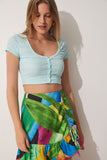 Su Yeşili U Yaka Ajurlu Crop Örme  Bluz CE00075