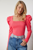 Pembe Kare Yaka Fitilli Triko Bluz YY00159