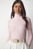 Açık Pembe Balıkçı Yaka Fitilli Basic Kazak bv00095