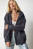 Antrasit Kapüşonlu Fermuarlı Oversize Sweatshirt UB00124