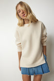Krem Fermuar Detaylı Şardonlu Örme Sweatshirt UB00148