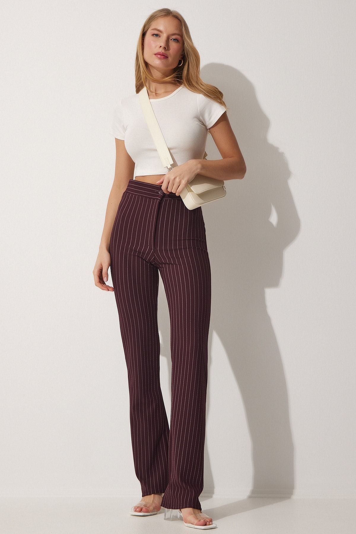 Bordo Yüksek Bel Çizgili Pantolon RV00094