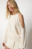 Krem Cut Out Detaylı Triko Kazak PN00081