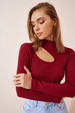 Bordo Cut Out Detaylı Fitilli Örme Bluz GT00065