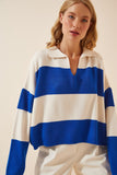 Mavi Kemik Polo Yaka Oversize Crop Triko Kazak  US00685