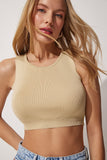 Krem Bisiklet Yaka Yazlık Crop Triko Bluz ER00050