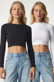 Beyaz Siyah Fitilli 2'Li Paket Triko Crop Bluz CE00085