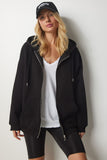 Siyah Kapüşonlu Fermuarlı Oversize Sweatshirt UB00124