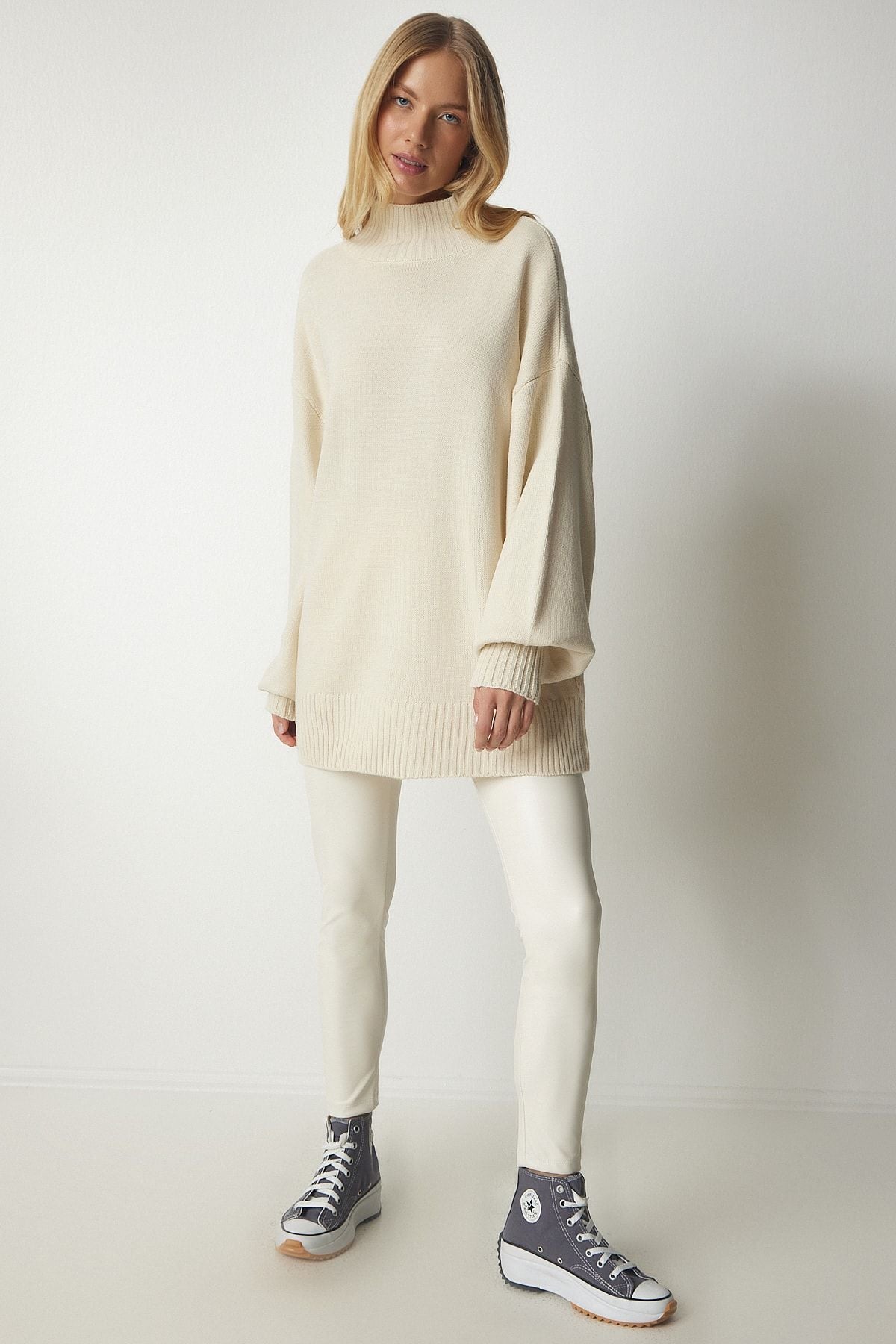 Krem Dik Yaka Oversize Basic Triko Kazak YY00167