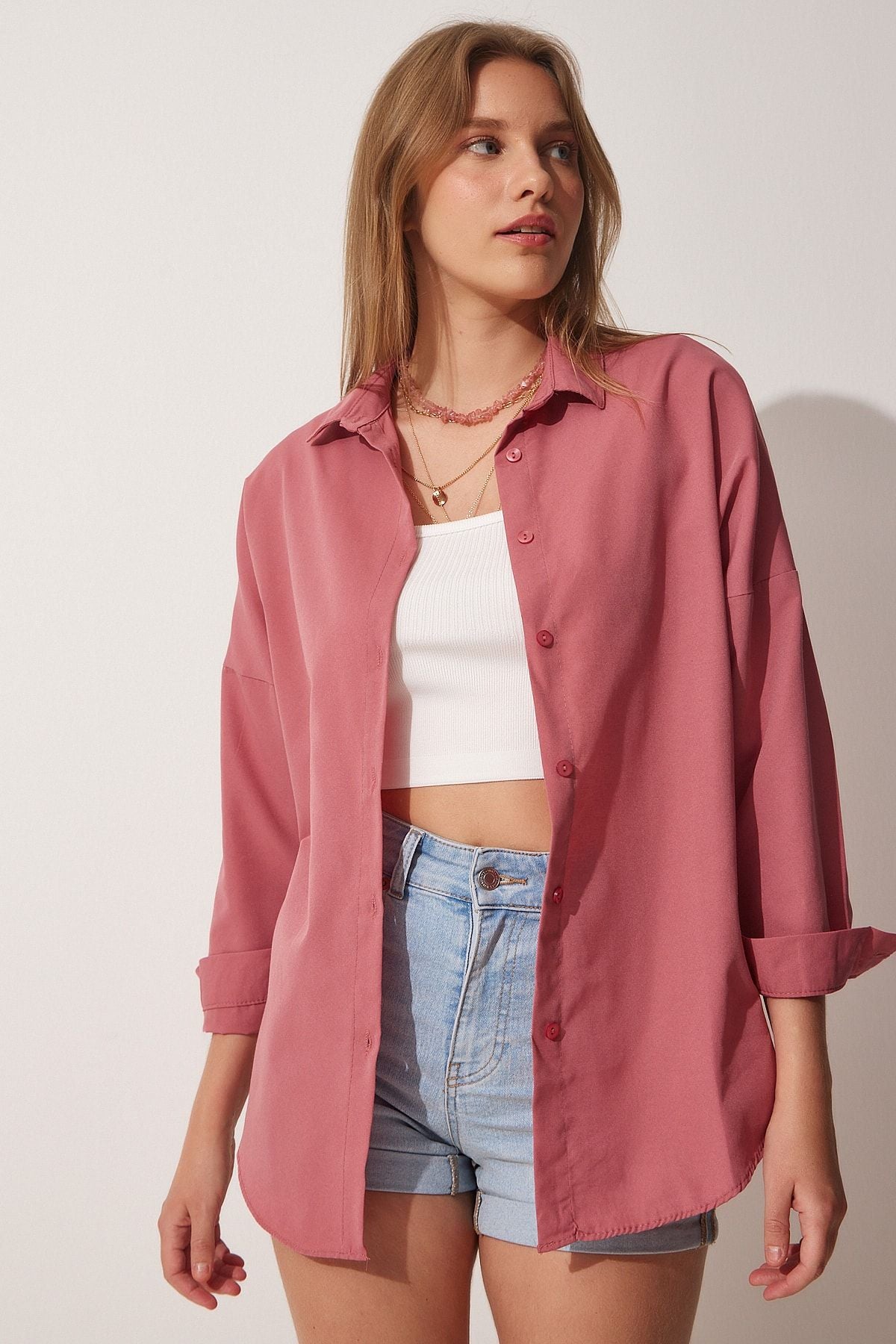 Koyu Gül Kurusu Oversize Uzun Basic Gömlek DD00842