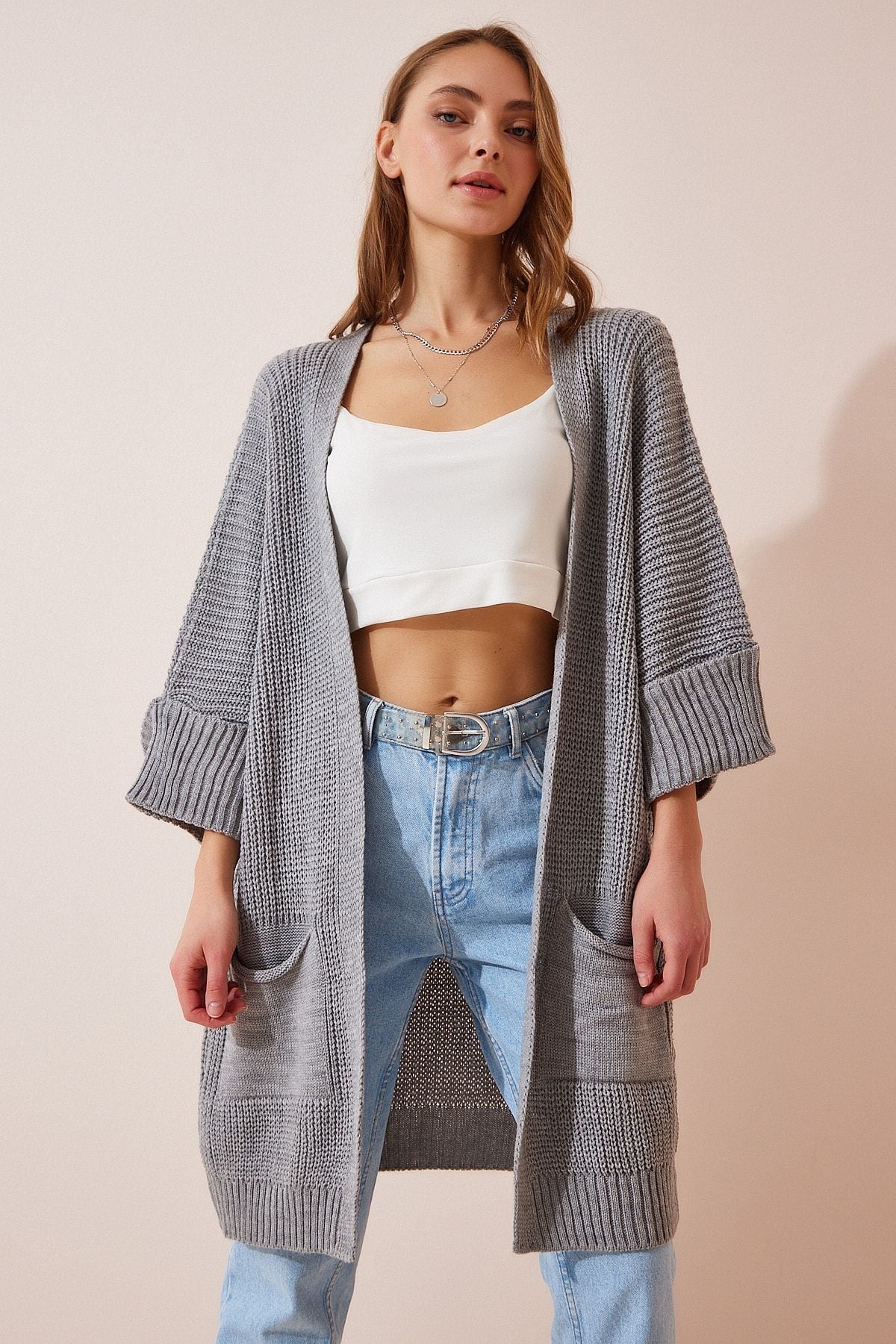 Gri Oversize Uzun Cepli Triko Hırka AS00003