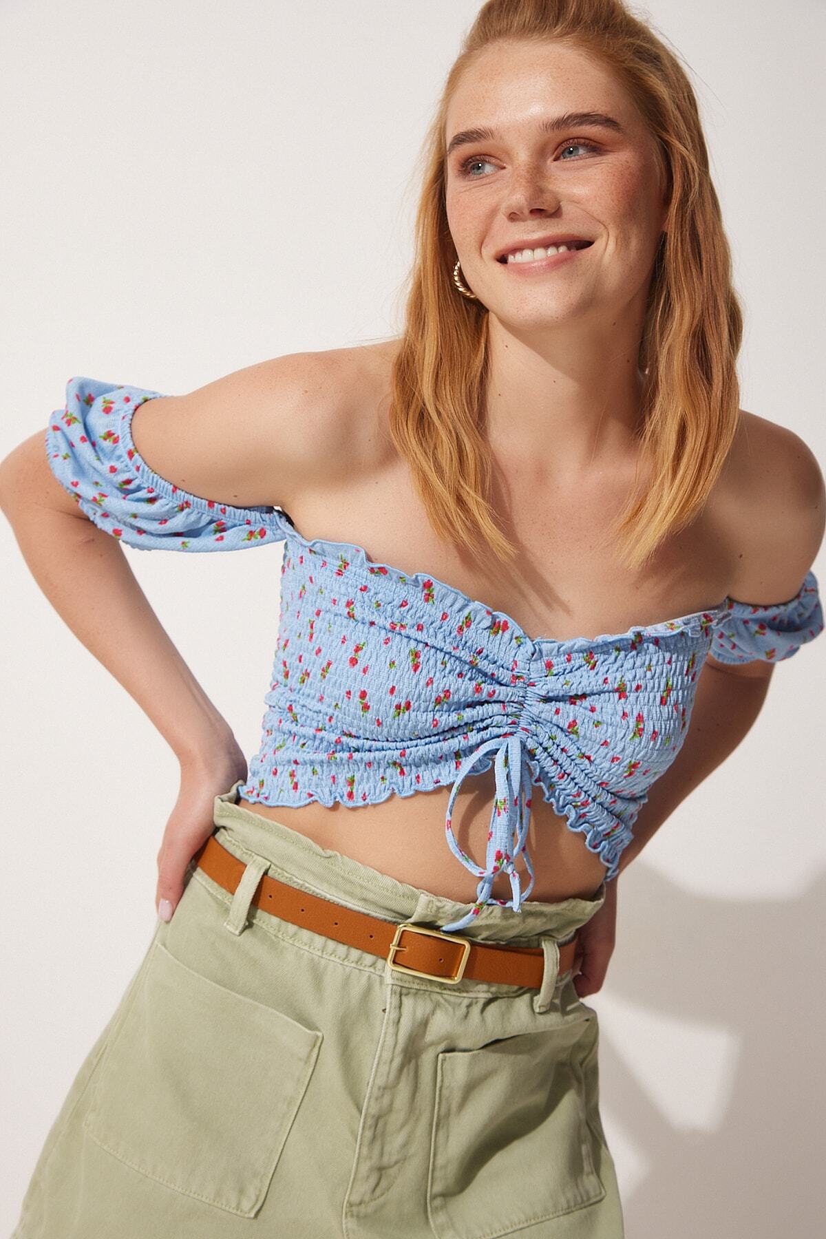 Mavi Baskılı Crop Viskon Örme T-Shirt UB00084