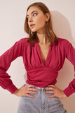 Koyu Pembe Derin V Yaka Crop Sandy Örme Bluz BF00050