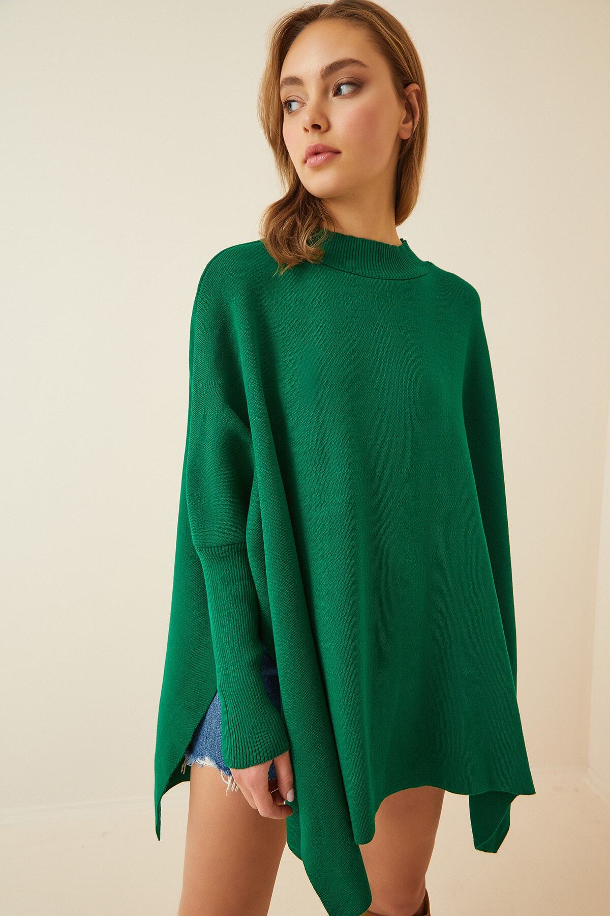 Yeşil Yandan Yırtmaçlı Oversize Panço Kazak YY00005