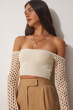Krem Carmen Yaka Ajurlu Crop Triko Bluz PN00075