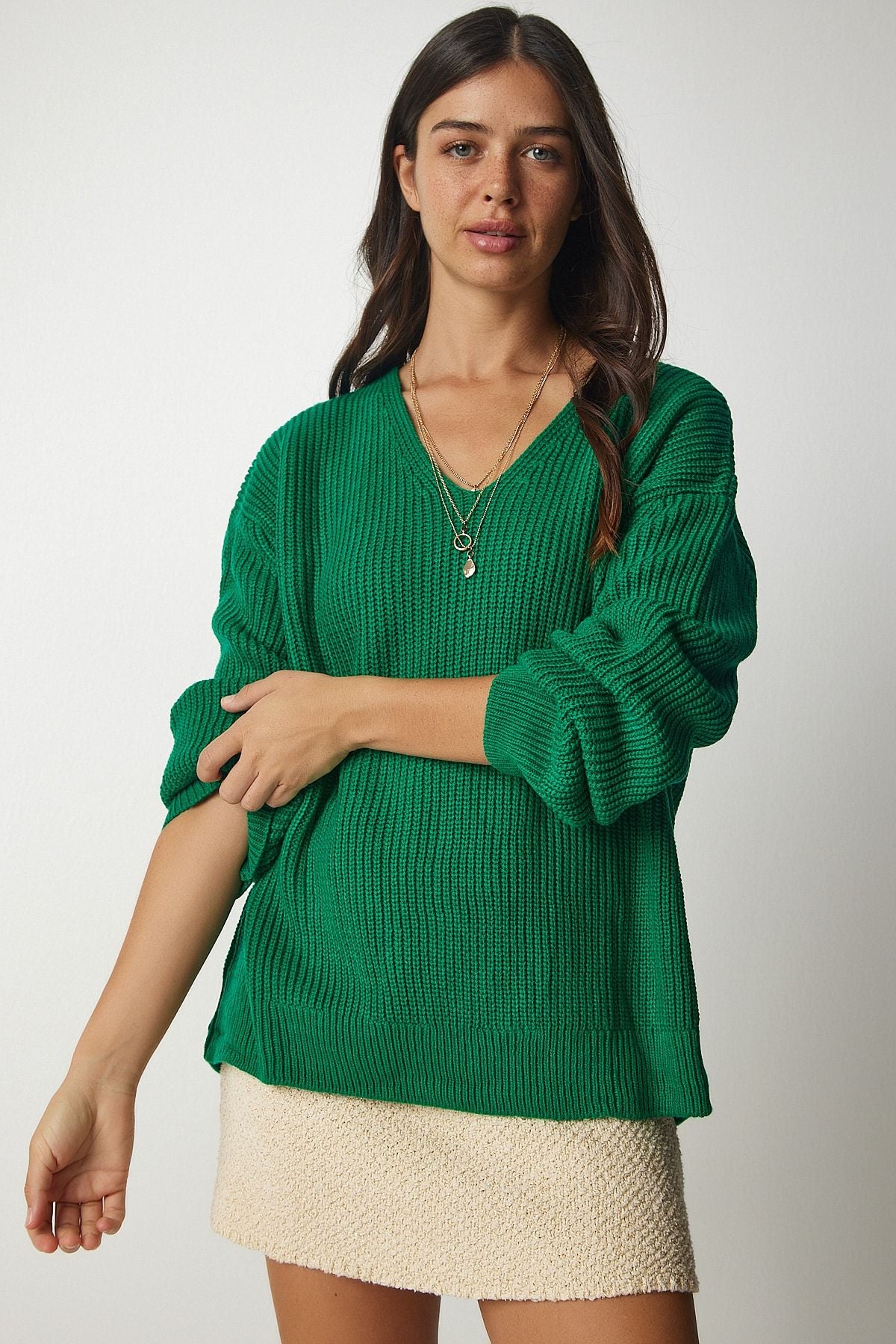 Koyu Yeşil V Yaka Oversize Basic Triko Kazak MX00130