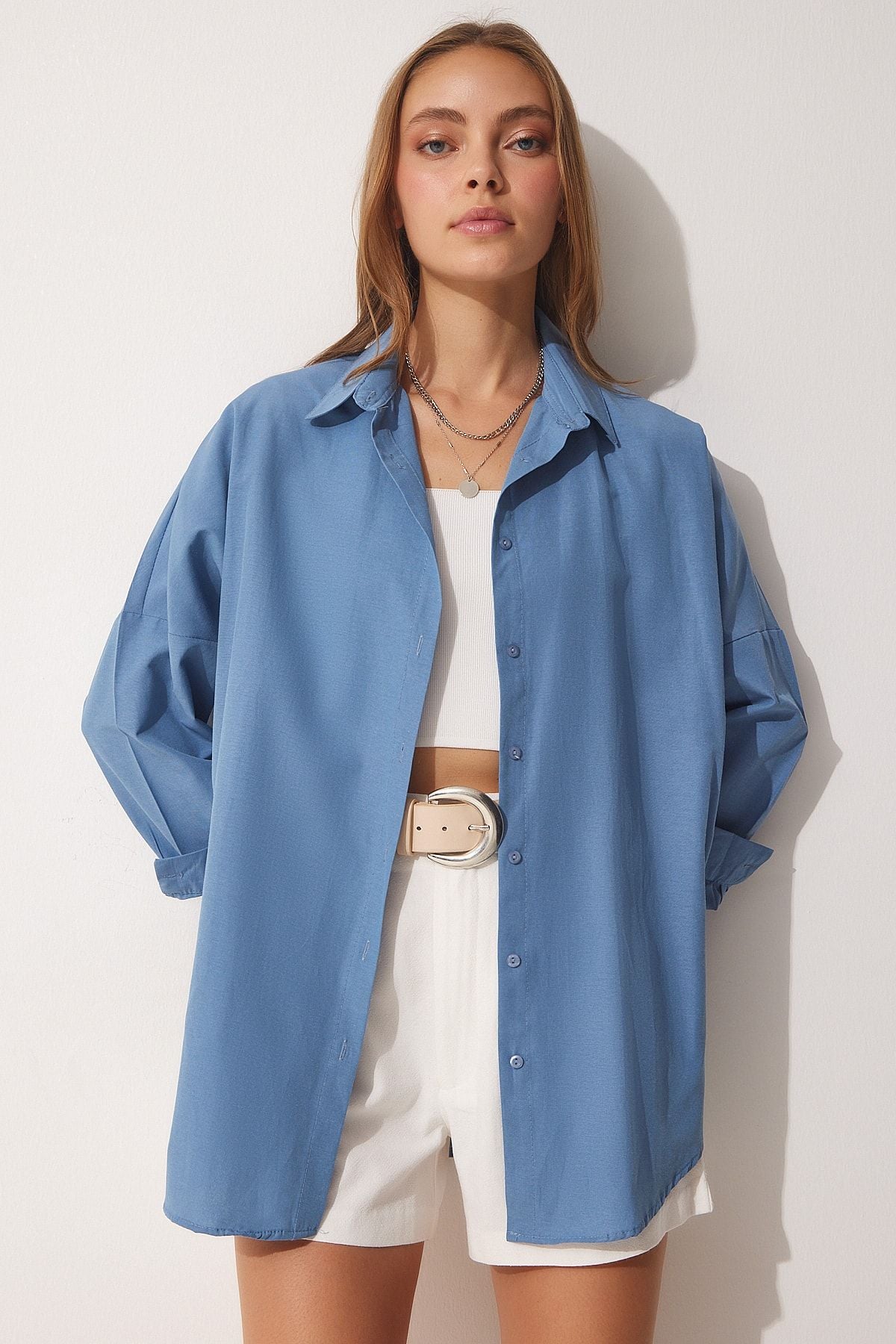 İndigo Mavi Oversize Uzun Basic Gömlek DD00842