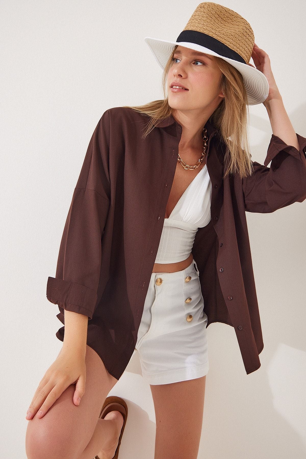 Kahverengi Oversize Uzun Basic Gömlek DD00842