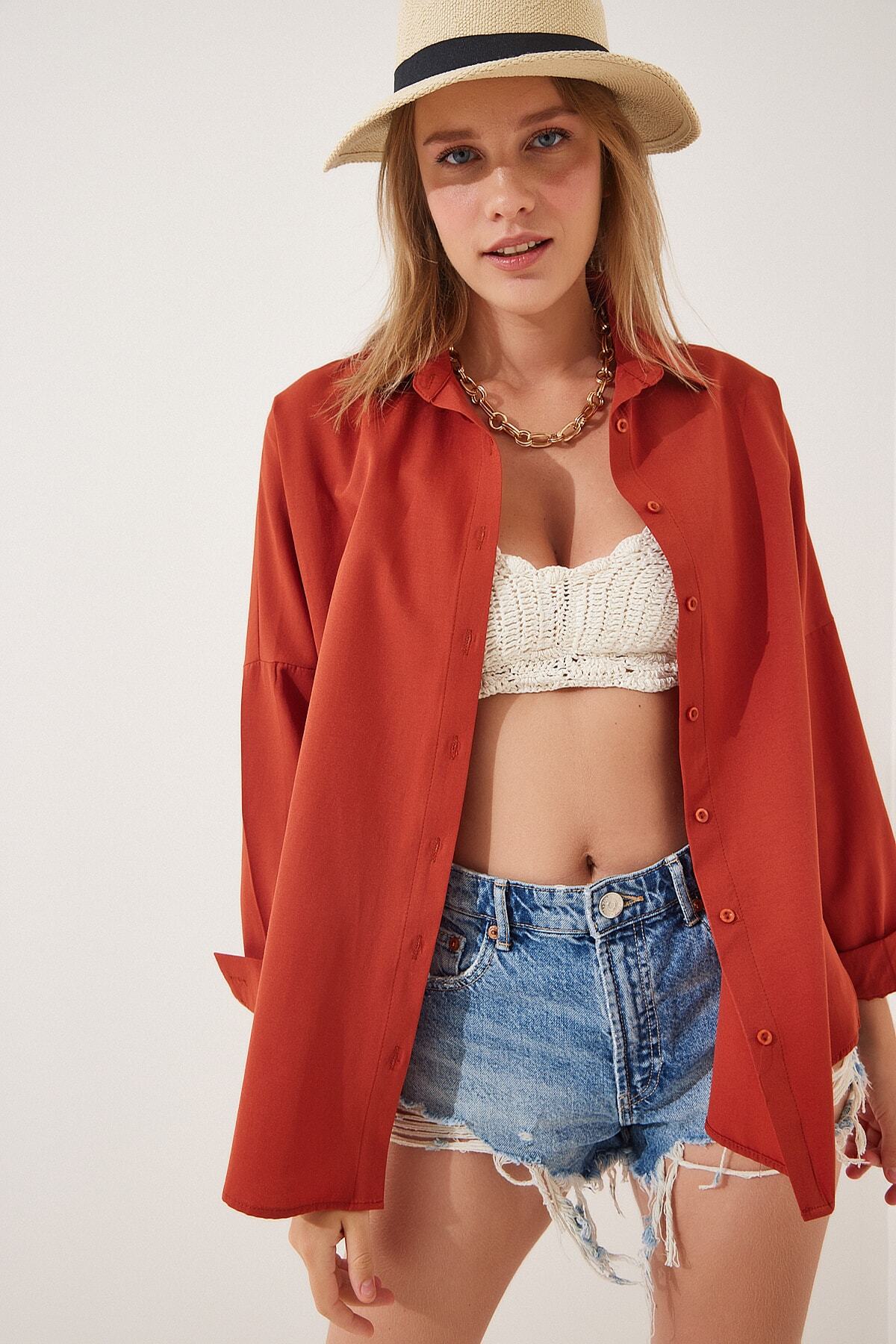 Kiremit Oversize Uzun Basic Gömlek DD00842