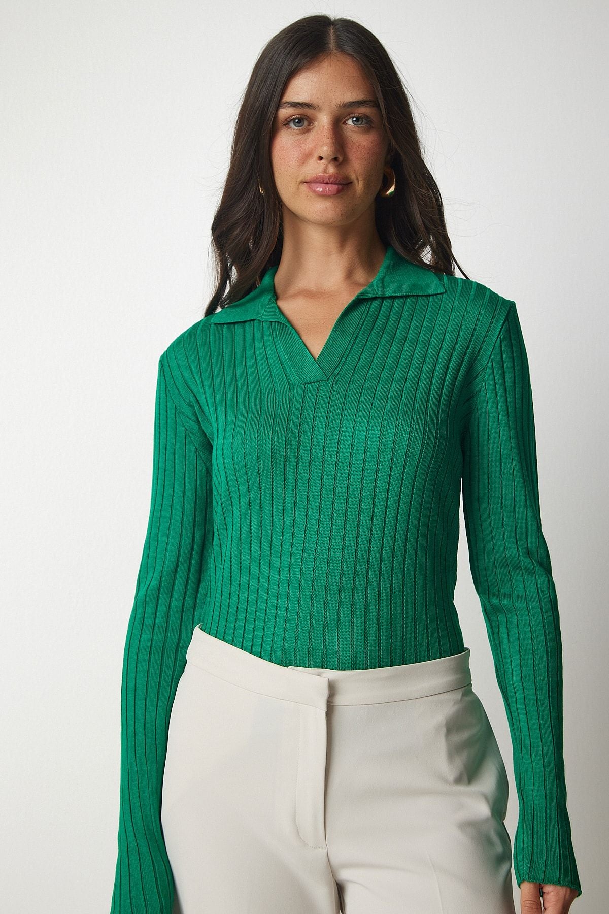 Yeşil Polo Yaka Fitilli Triko Kazak BV00011