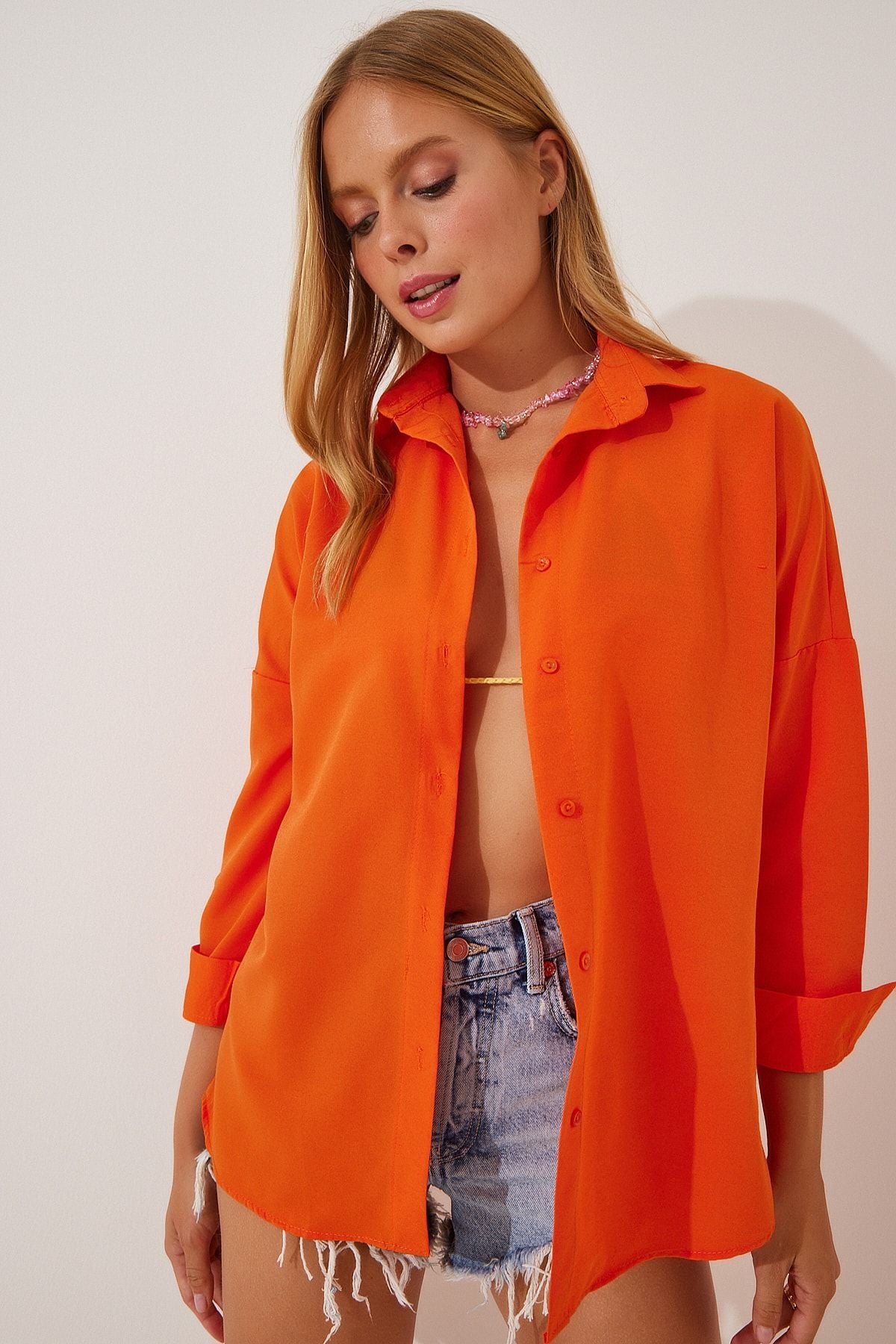 Canlı Oranj Oversize Uzun Basic Gömlek DD00842