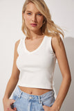 Ekru V Yaka Fitilli Crop Bluz UB00058