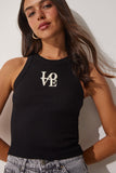 Siyah Halter Yaka Nakışlı Fitilli Crop Örme Bluz US00904