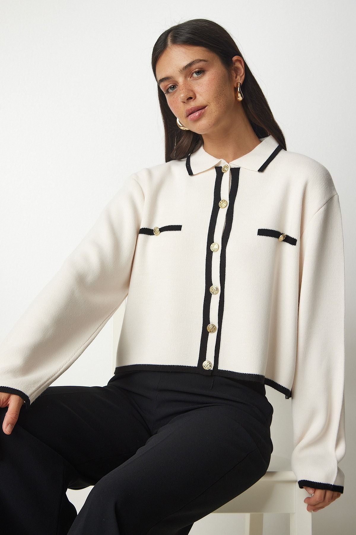 Krem Şerit Detaylı Triko Hırka YY00160