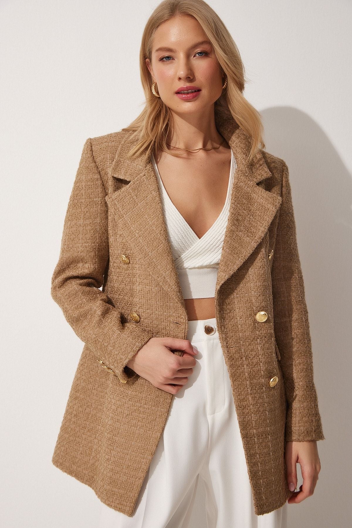 Koyu Bisküvi Düğmeli Blazer Tüvit Ceket WF00004