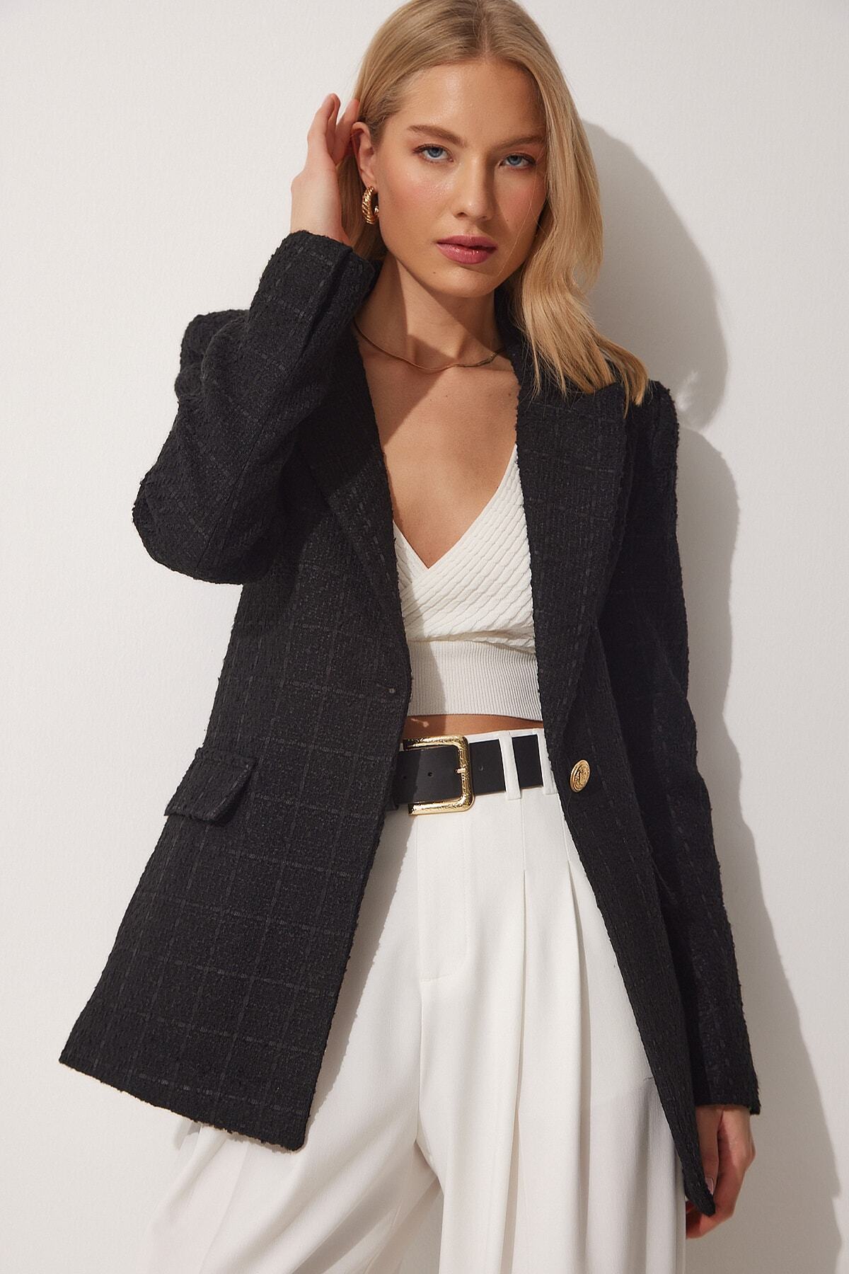 Siyah Düğmeli Blazer Tüvit Ceket WF00023