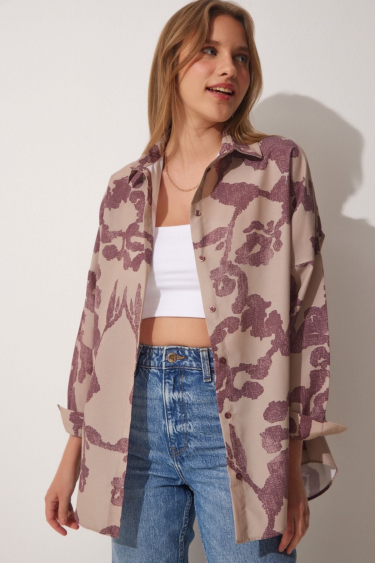 Mürdüm Bej Desenli Oversize Poplin Gömlek DD01227