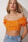 Çiçekli Carmen Yaka Crop Örme Bluz