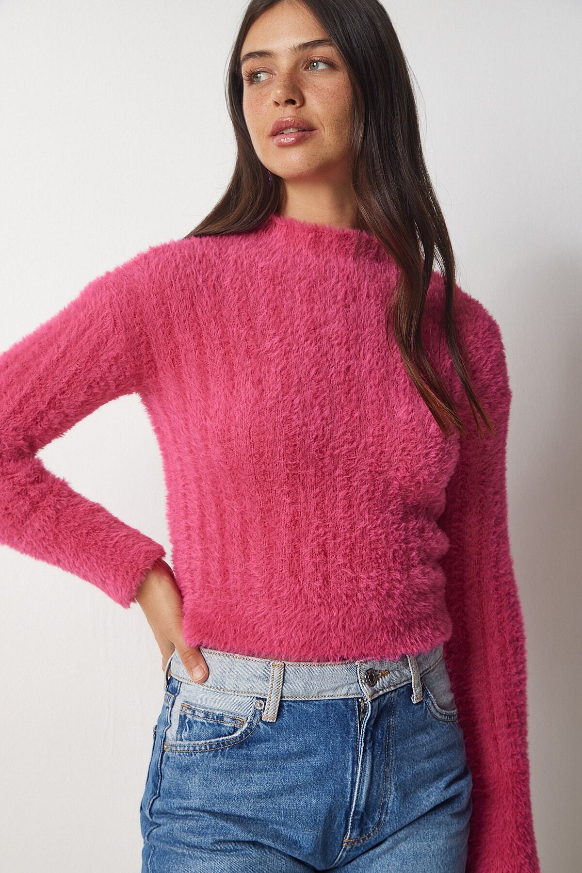 Pembe Dik Yaka Sakallı Triko Kazak NF00068
