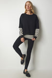 Siyah Çizgili T-Shirt Parçalı Örme Sweatshirt CR00413