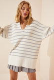 Gri Ekru Polo Yaka Oversize Triko Kazak  US00703