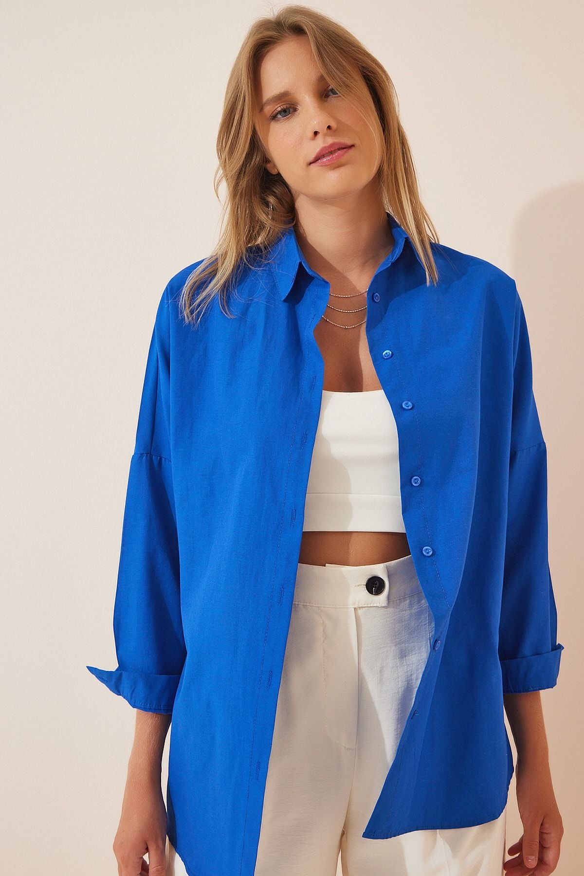 Koyu Mavi Oversize Uzun Basic Gömlek DD00842