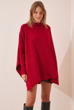 Kırmızı Yandan Yırtmaçlı Oversize Panço Kazak YY00005