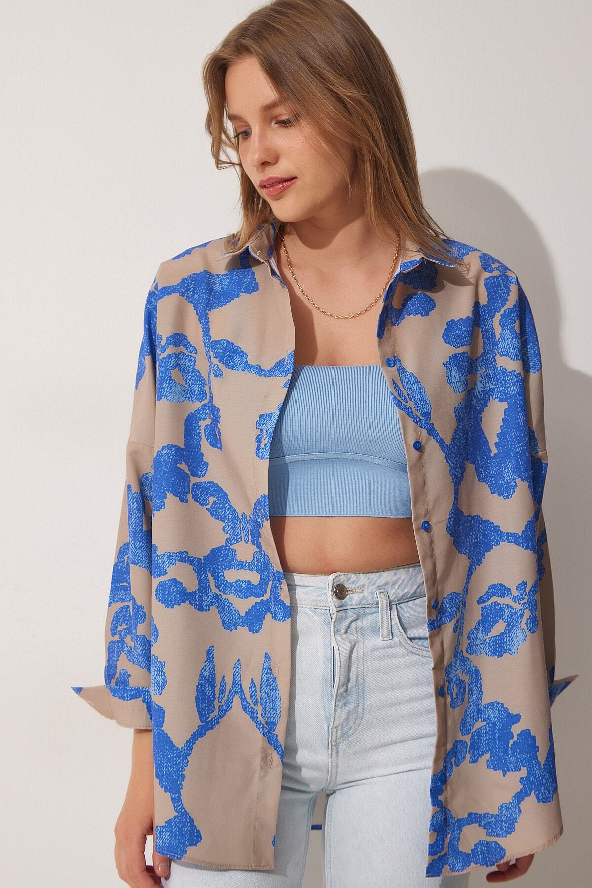 Mavi Bej Desenli Oversize Poplin Gömlek DD01227
